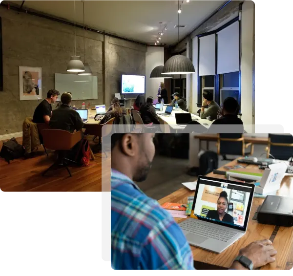 section4-image-01-webp An image composed of two images with one image showing a group of people in a meeting and another image stacked over another showing a person in a video call.
