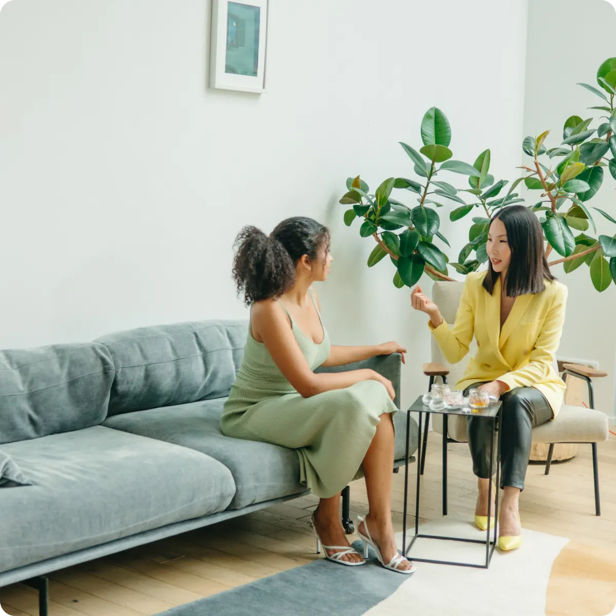 what-we-do-webp A picture of two women having a meeting with one sitting on a sofa and another one on a chair.