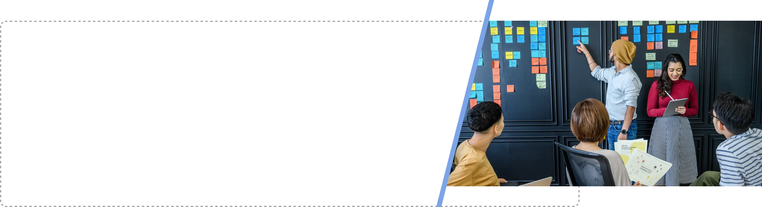 endless-options-background-webp An image of a group of people discussing using sticky notes with two standing in front of the three person sitting attentively.